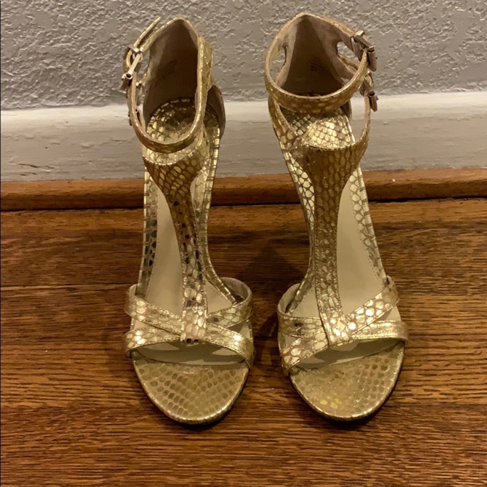 B by Brian Atwood, gold ankle strap heels